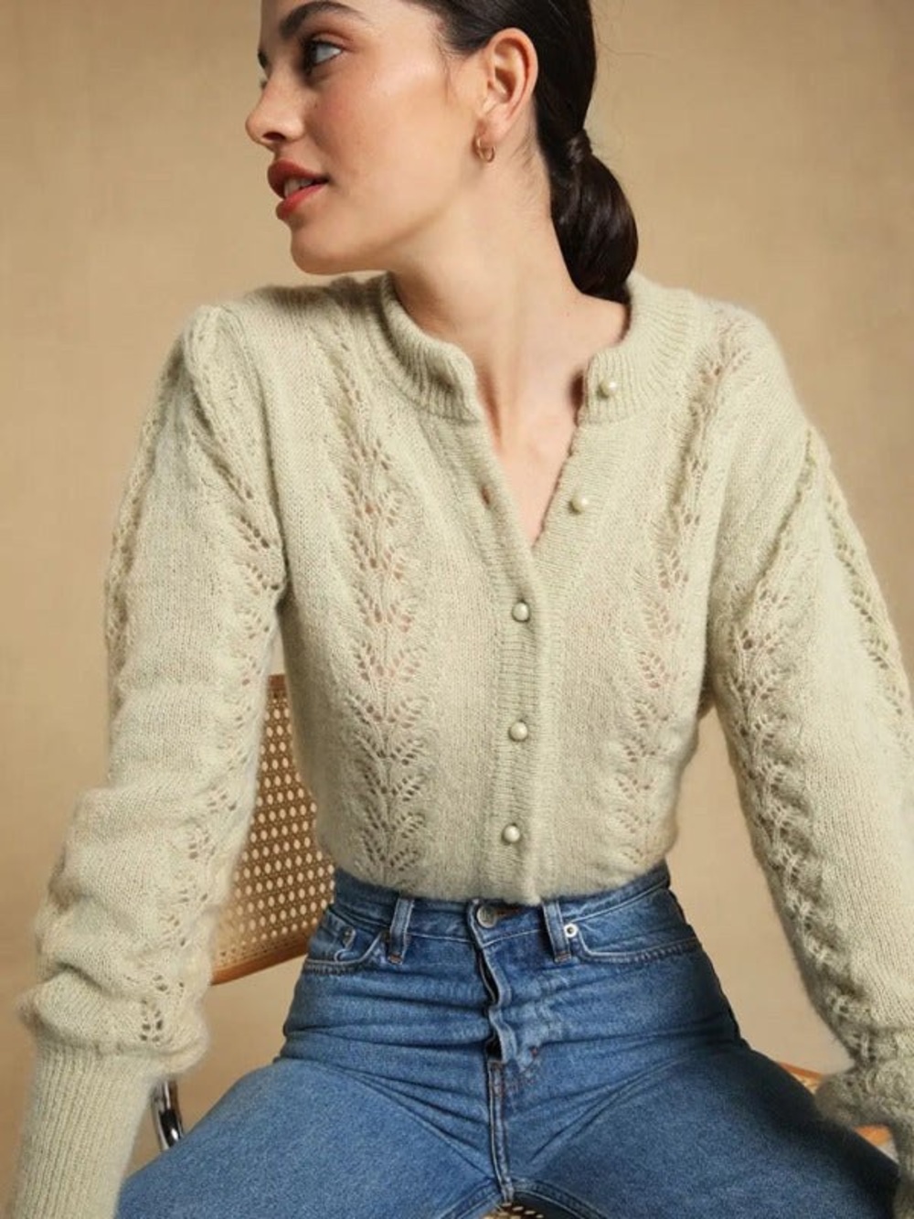 Rouje Maddy Pearl Button Cardigan Pointelle Knit Sweater Mohair Wool Sage Green